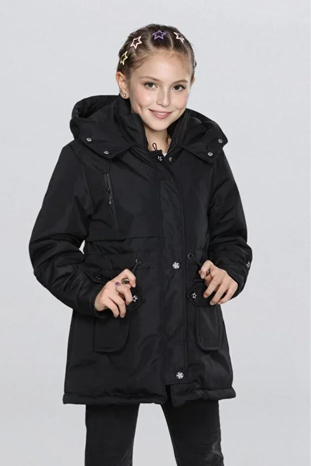 Детское пальто для девочек с капюшоном Arafım Butik, Black