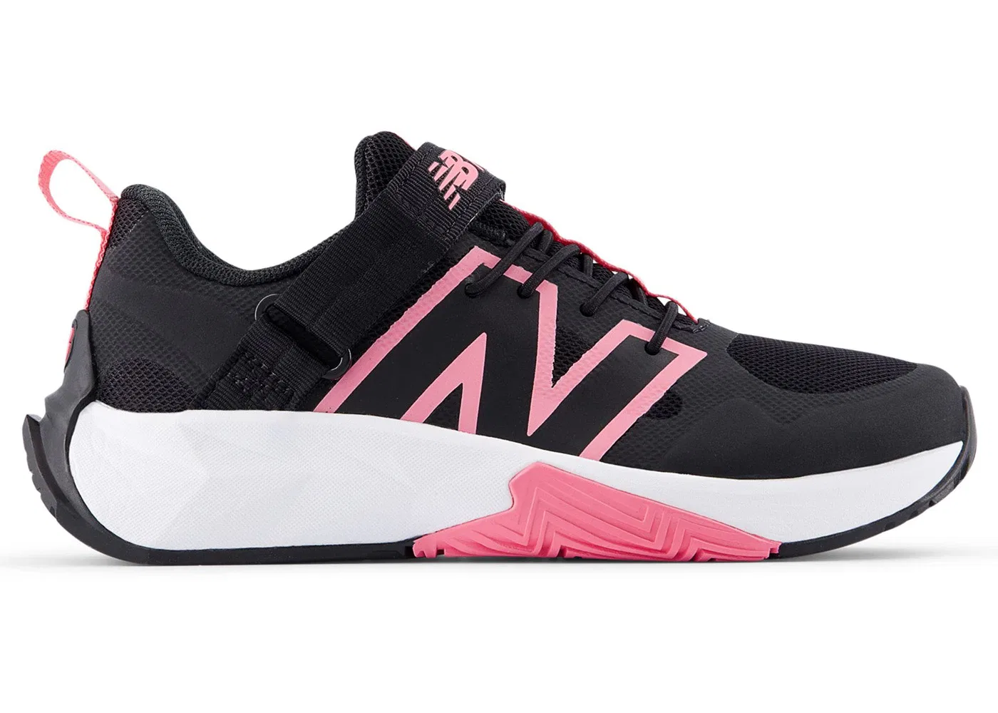 Детские кроссовки для бега на шнурках с ремешком New Balance FuelCell Play Bungee with Top Strap, Black Signal Pink White