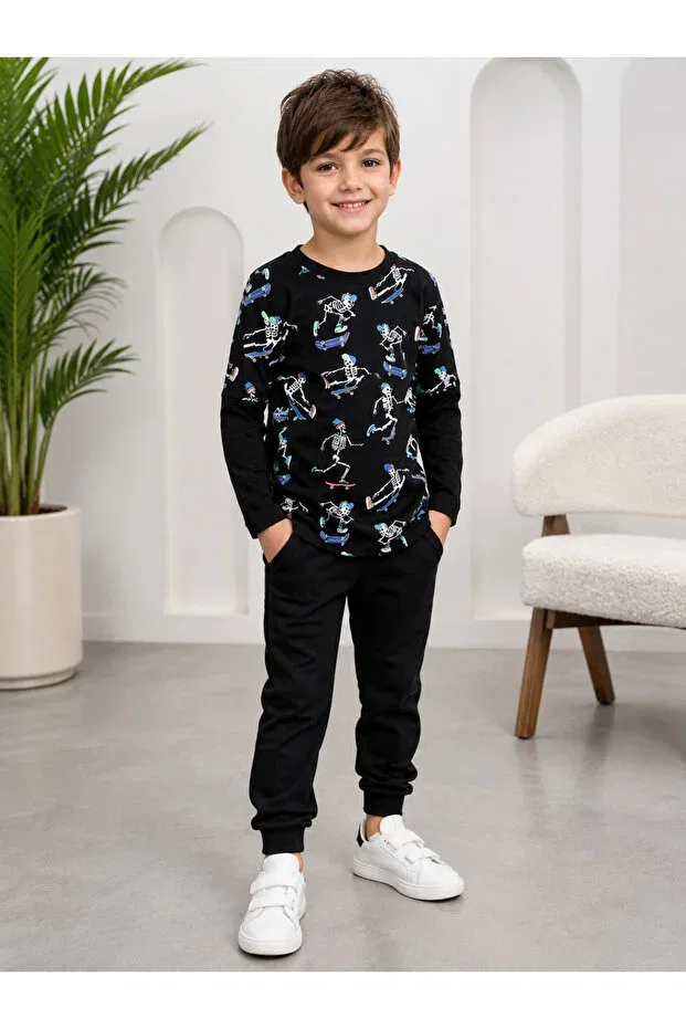 Детская футболка с принтом Crew neck skeleton skateboard printed children's t-shirt Modam Denstiny, Black