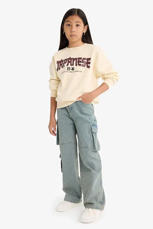 Детские свитшот для девочек с принтом Relax fit crew neck printed soft fleece inside sweatshirt for girls e6779a825wn Defacto, Ecru-Er134 — фото 2