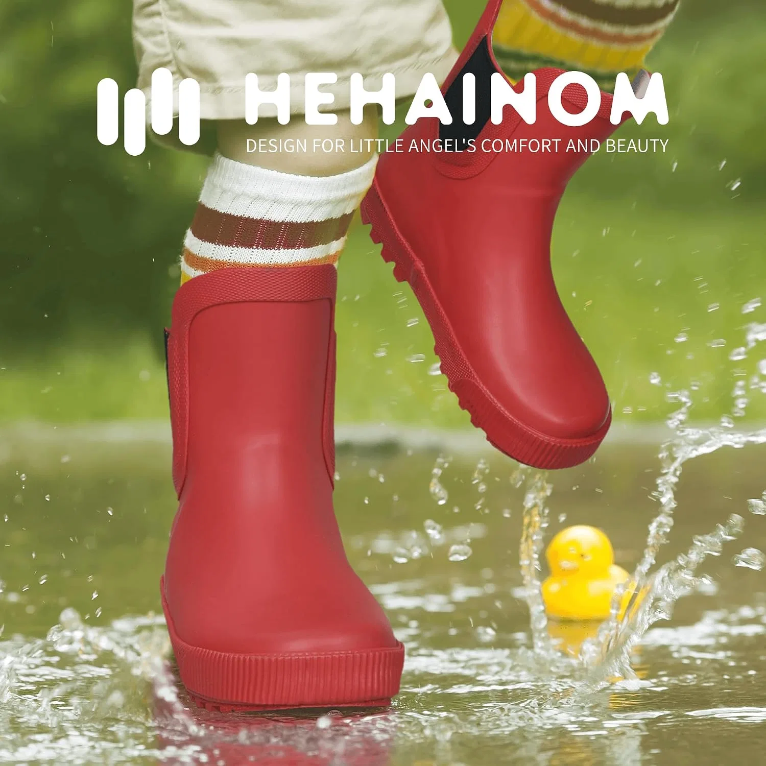 Детские резиновые сапоги для девочек и мальчиков с принтом Hehainom, Red — фото 2