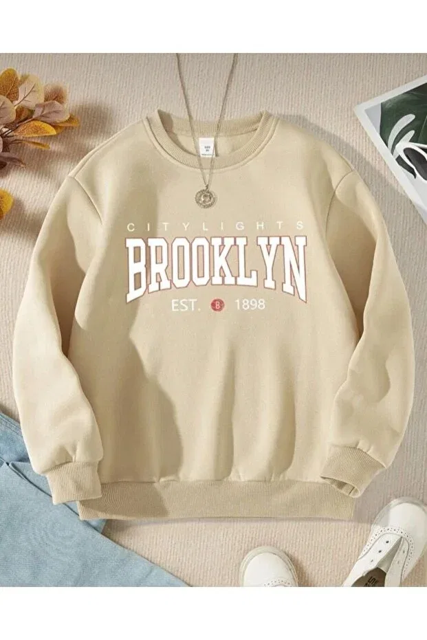Детские свитшот для девочек с принтом Cream Brooklyn Topçu, Nude Color