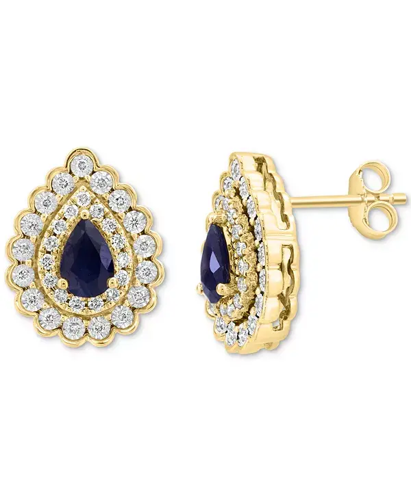 

Серьги-Гвоздики Effy в форме груши с двойным ореолом из двухцветного золота 14 карат с сапфирами (7/8 карата) и бриллиантами (3/8 карата) Effy Collection, gold