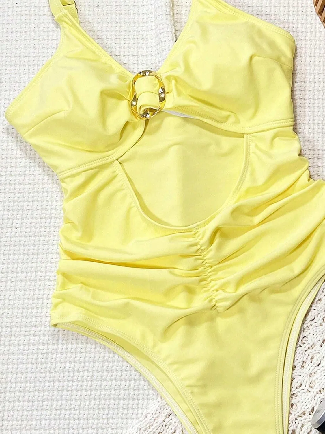 Женский цельный купальник с открытой спиной и высоким вырезом, Yellow — фото 2