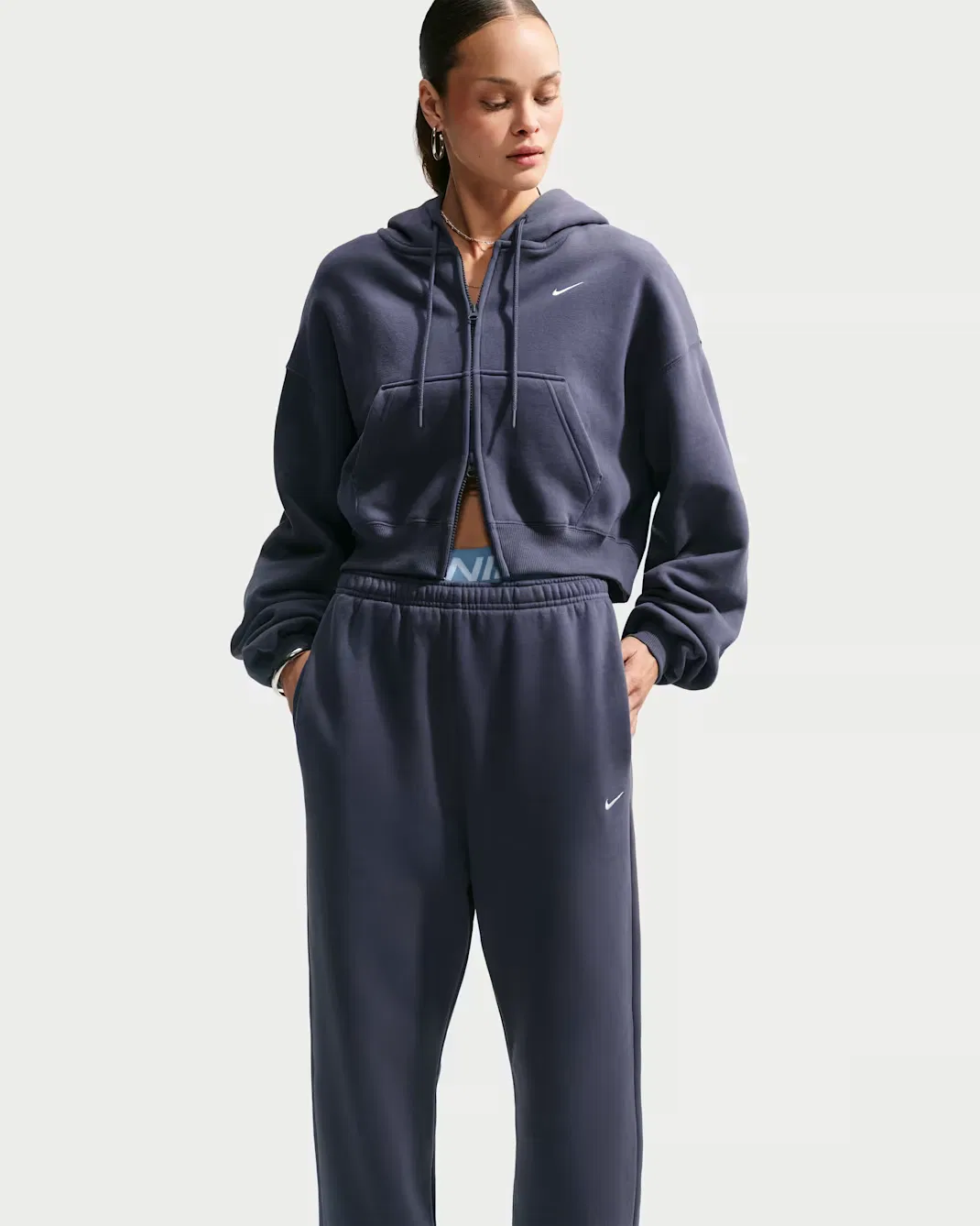 Женская укороченная толстовка оверсайз на молнии Nike Studio Fleece Medium Weight, Gridiron/Sail
