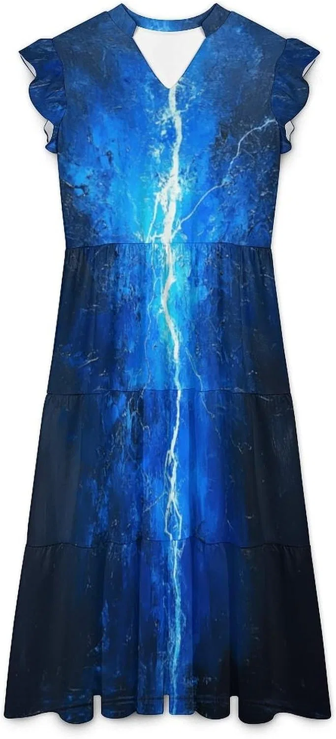 Женское свободное макси-платье с воланами V-neck, Blue — фото 3
