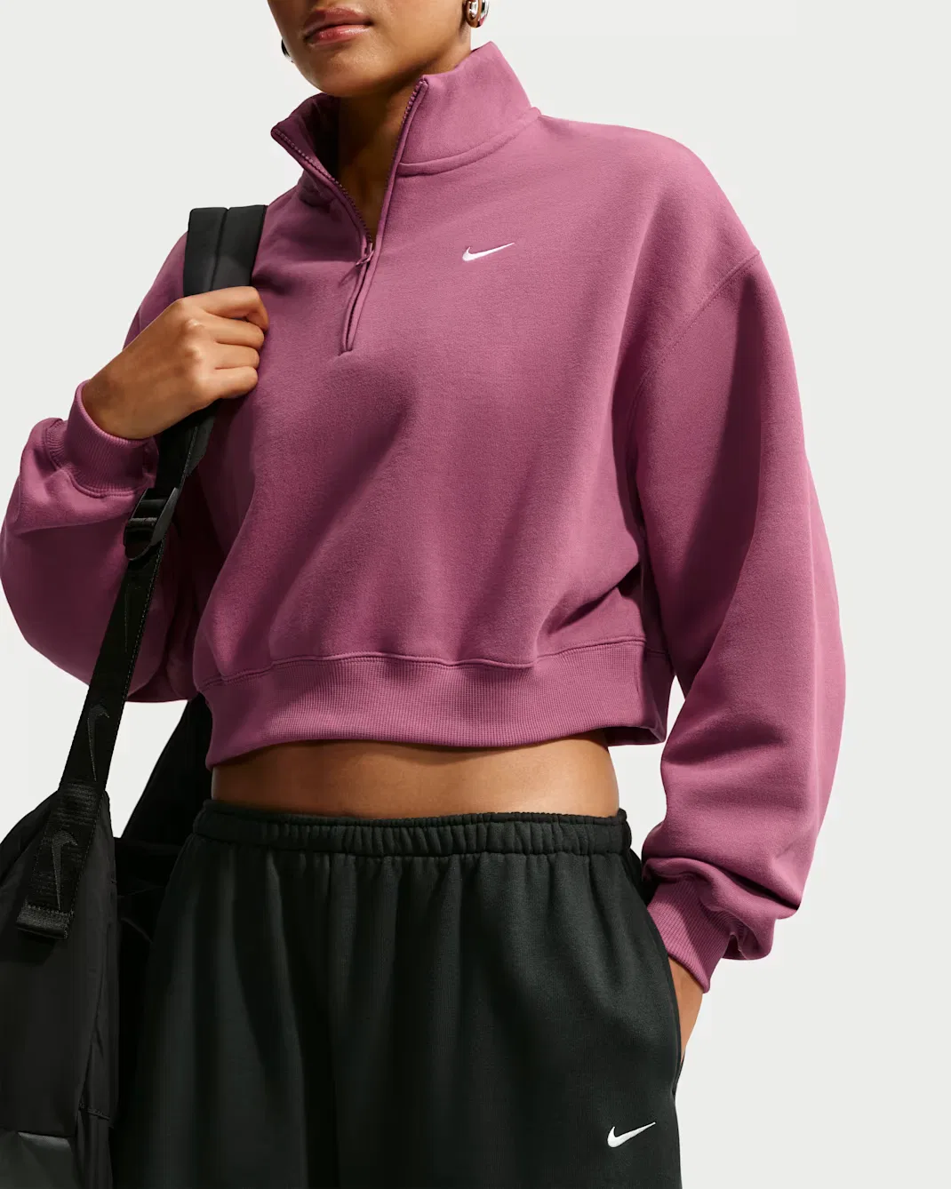 Женский укороченный топ свободного кроя с молнией на четверть длины Nike Studio Fleece Medium Weight, Pink Smoke/Sail — фото 3