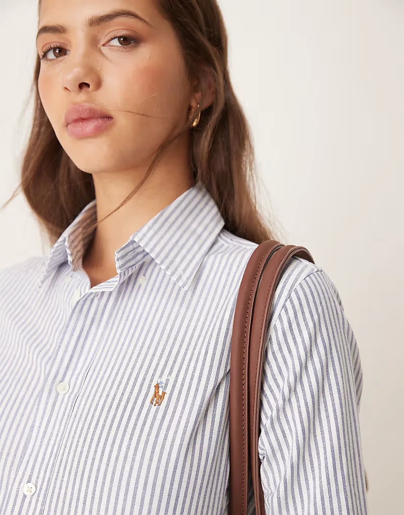 Рубашка Polo Ralph Lauren с логотипом Icon, бело-синяя — фото 3