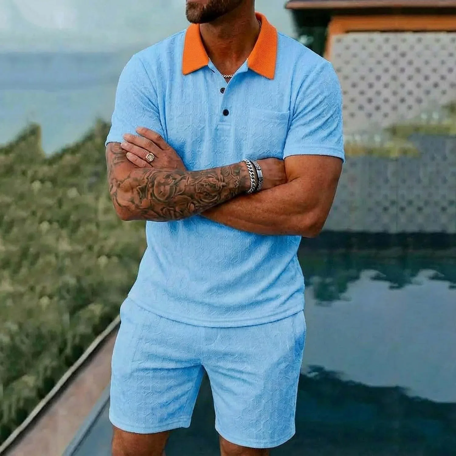 Мужской спортивный костюм из поло и шорт, 2 предмета, Sky Blue — фото 4