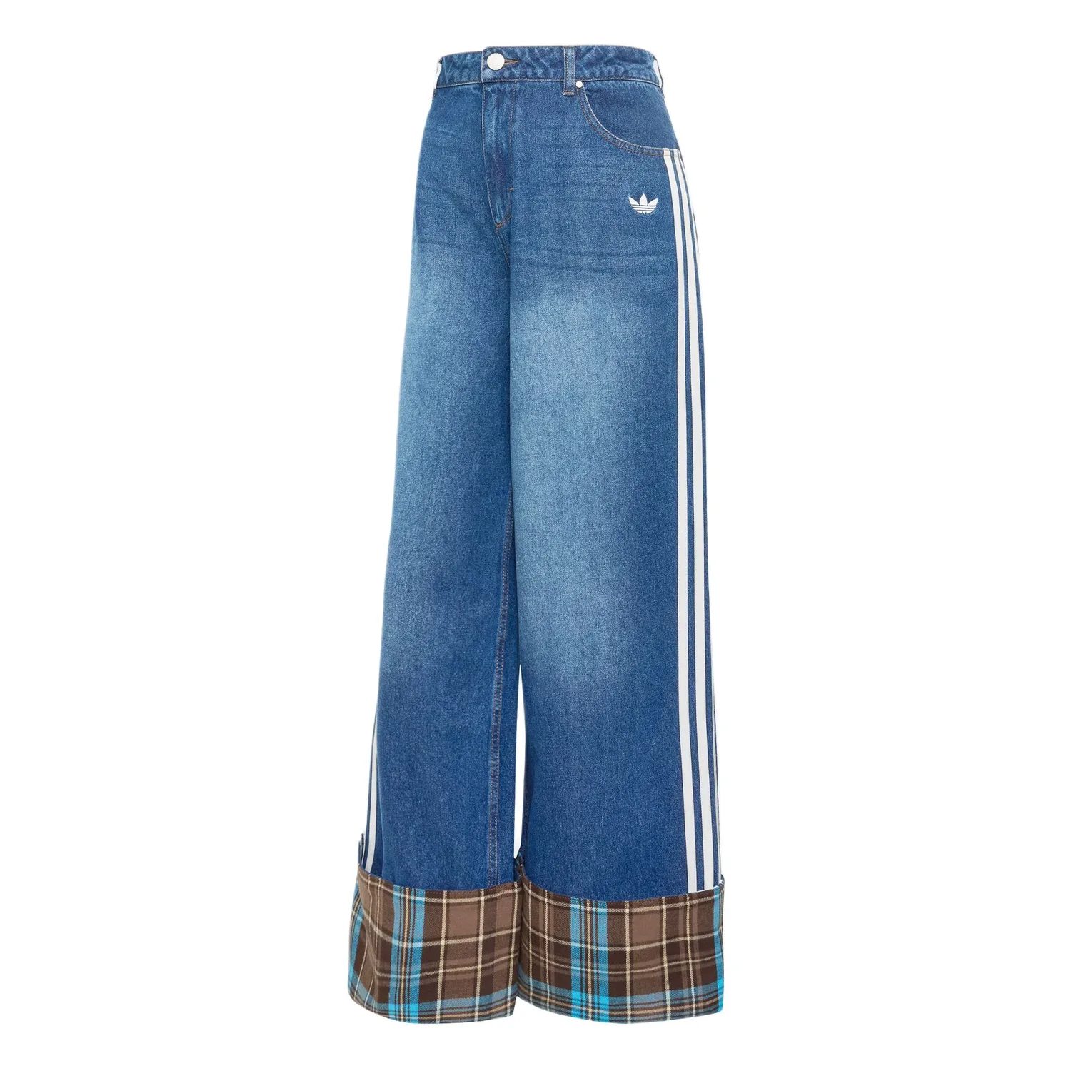 Джинсы с боковой полосой и клетчатыми манжетами Adidas Originals, Denim Indigo/Coffee/Brown