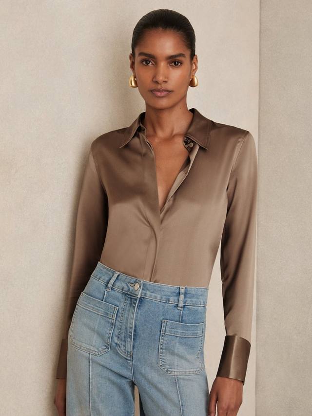 

Рубашка Ameira из чистого шелка Reiss, Taupe Brown