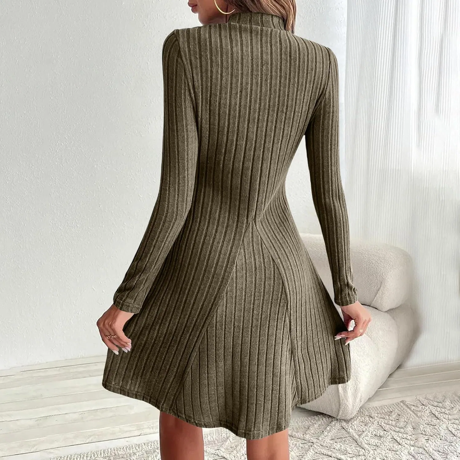 Женское платье-свитер с длинным рукавом Ribbed Knit, Army Green — фото 2