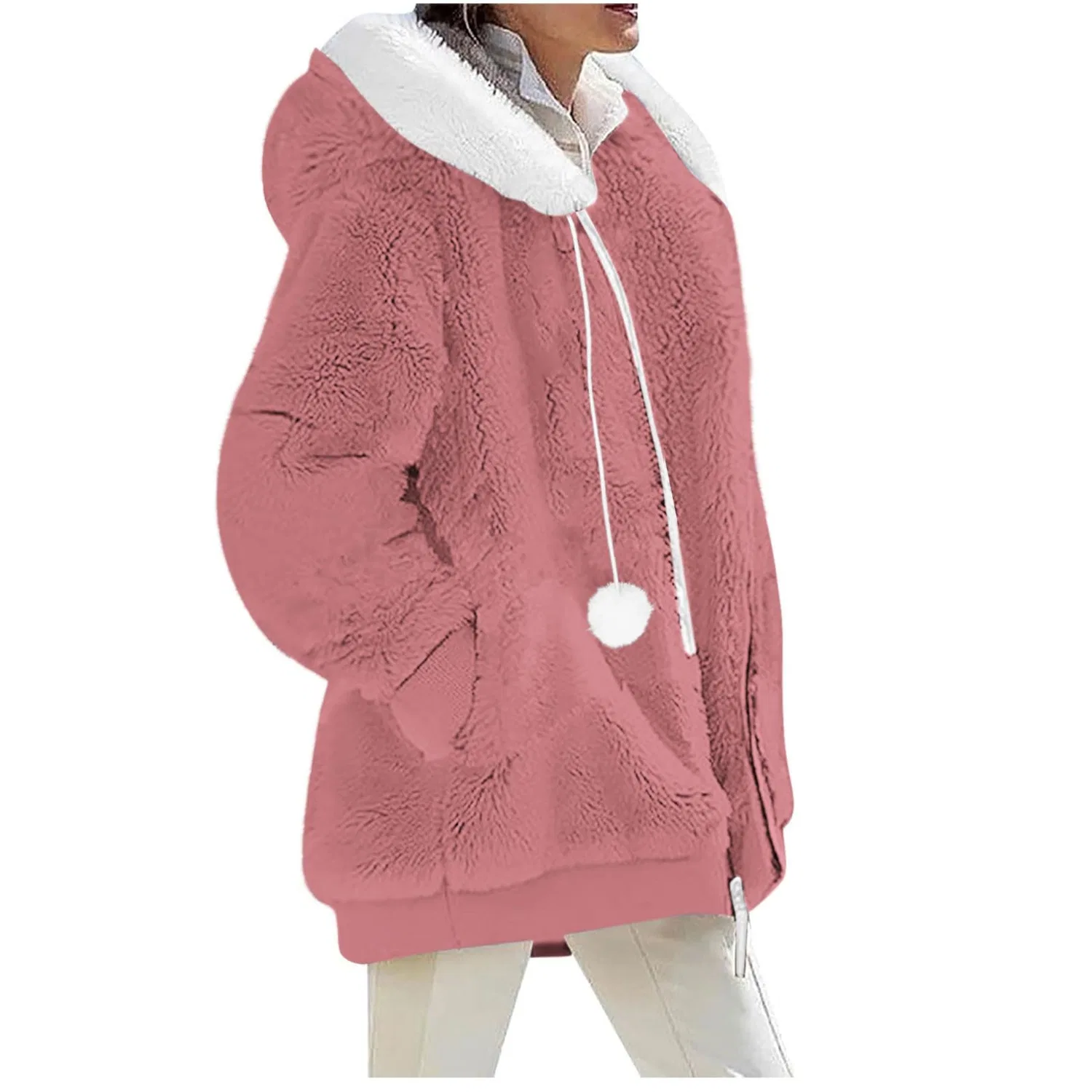 Женское утепленное худи с капюшоном Oversized Jackets Women Fleece Full Zip Hooded Jacket, Rosa — фото 3