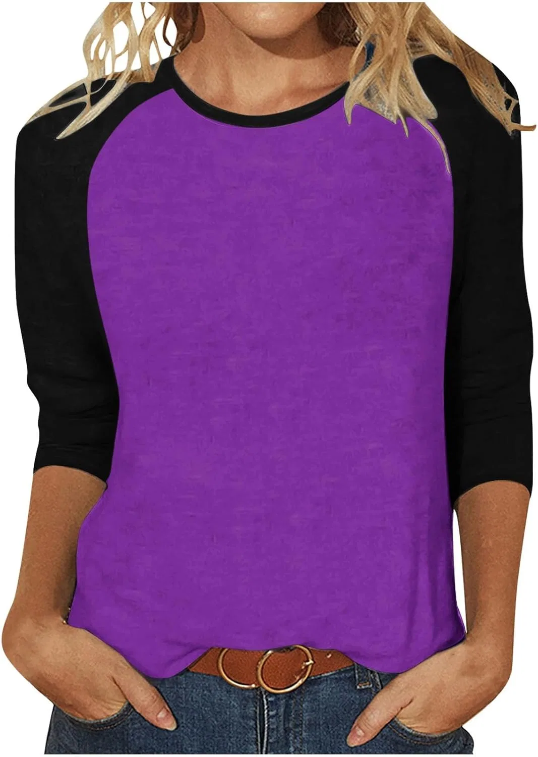 Женская свободная блуза с цветовыми блоками 3/4 рукава, Purple