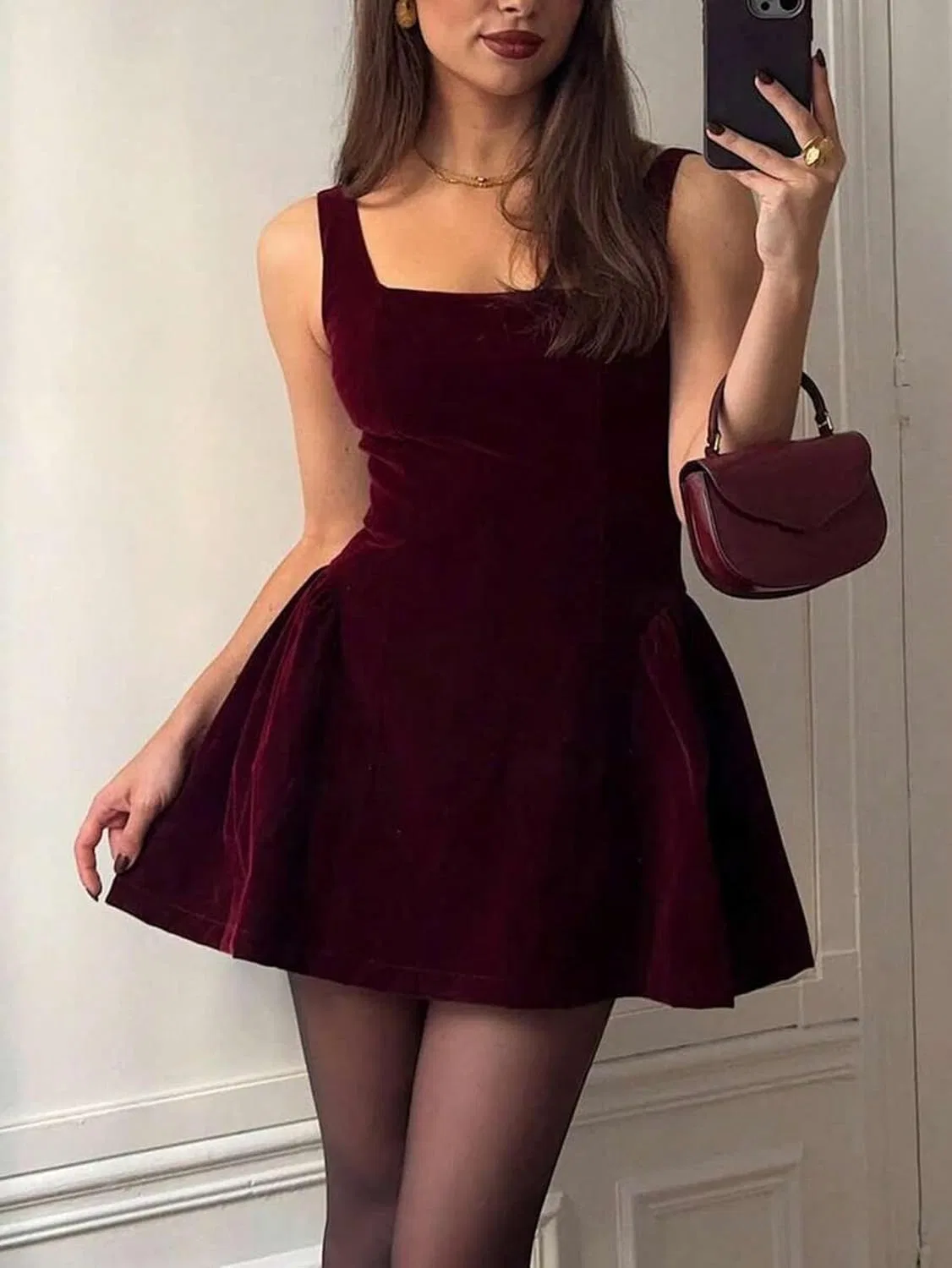 Женское A-силуэтное платье с квадратным вырезом без рукавов, Dark Red — фото 2