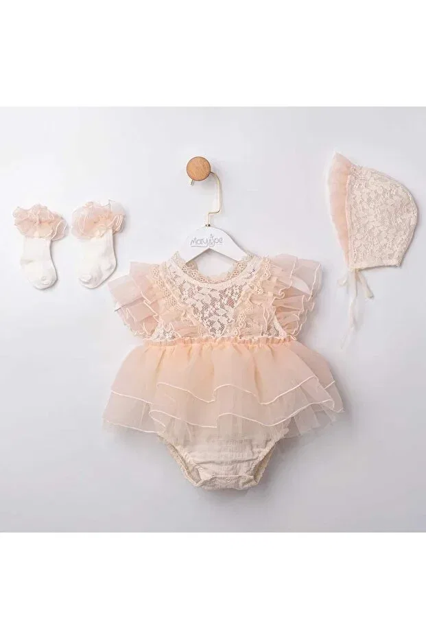 Детский для девочек комплект боди с завязкой сзади и кружевом, Back part with bow tie and lace, Cumino, Beige
