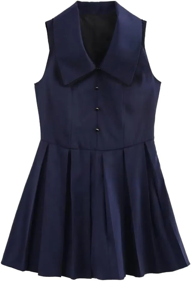 Женское мини-платье с плиссировкой Peter Pan Collar, Navyblue