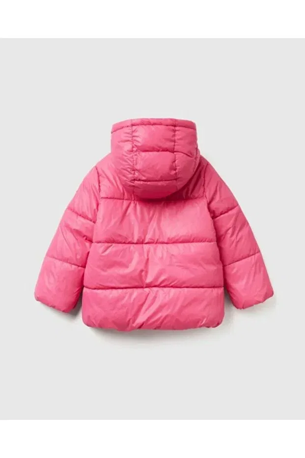 Детское пальто для девочек с капюшоном Logo Embroidered Hooded Coat United Colors Of Benetton, Fuchsia — фото 2