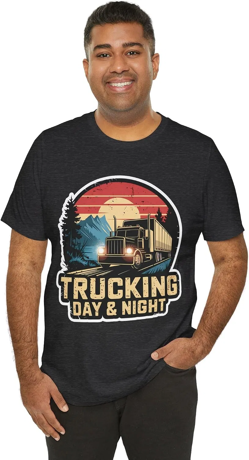 Мужская футболка с принтом Trucking Day and Night, тёмно-серый меланж