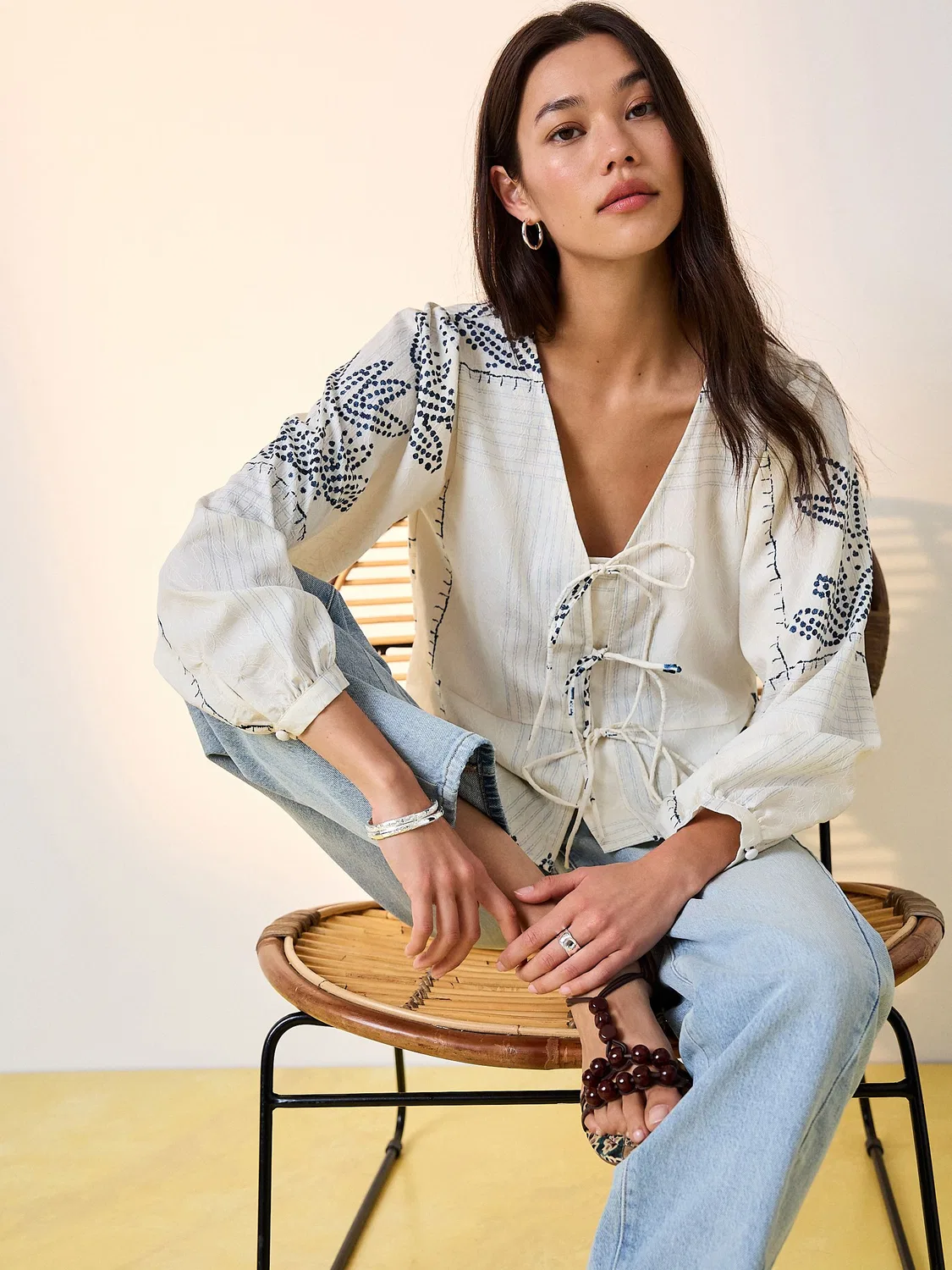 Блуза с завязками, цветочный принт Ecru Jacquard Blue Next, бирюзовый — фото 3