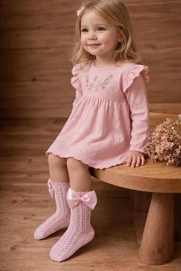 Детские носки для девочек хлопковые Bowknot fishnet socks Bebeğime Çorap, Pink