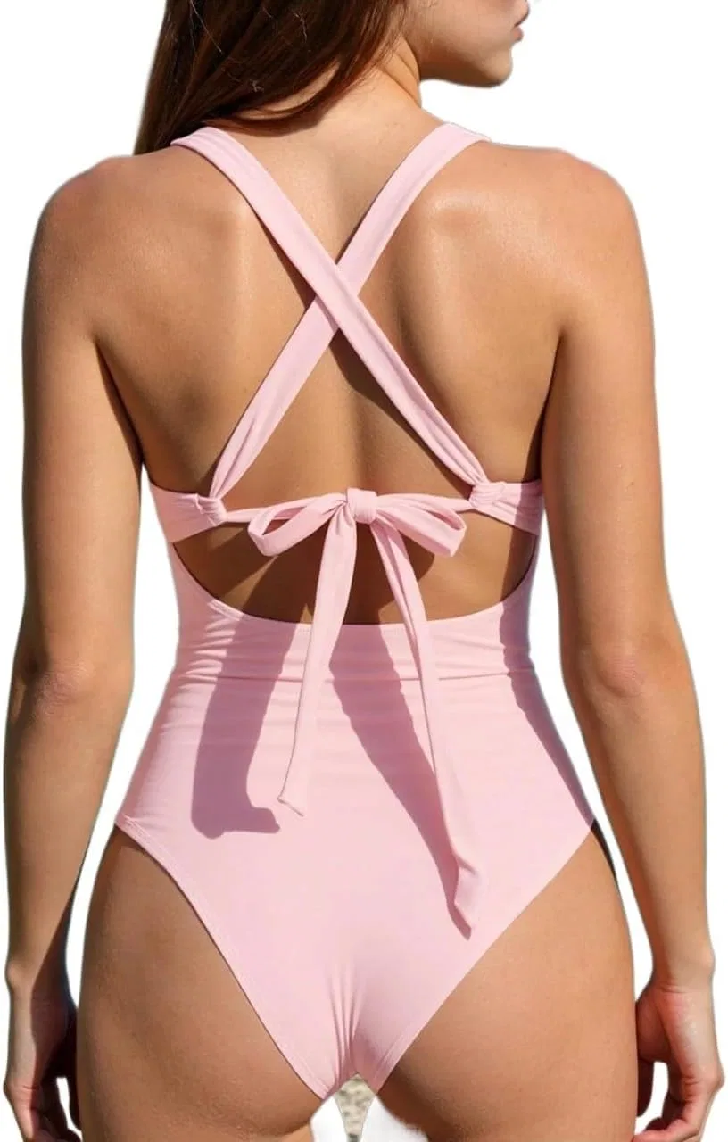 Женский слитный купальник с открытой спиной Push Up Ruched, Pink