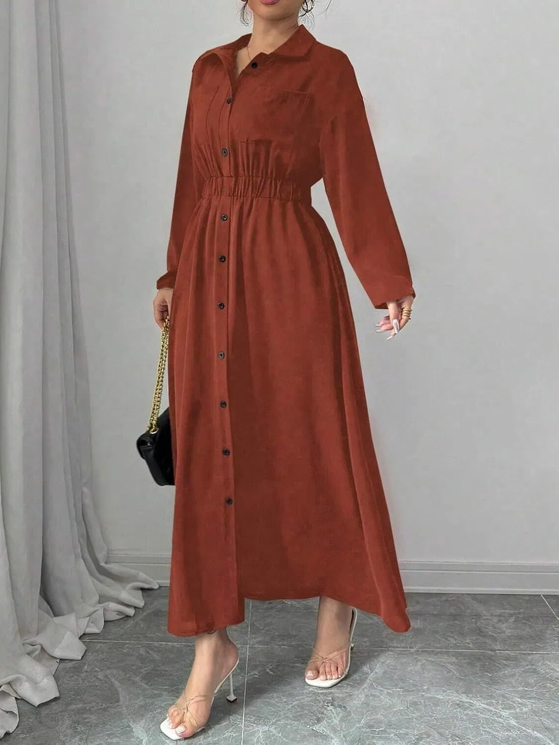 Женское повседневное платье-рубашка с длинным рукавом, Rust Brown — фото 4