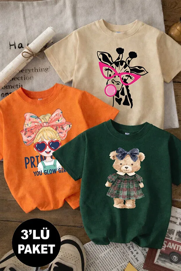 Детский комплект футболок для девочек с принтом Giraffe and teddy bear printed Twins Tailors, Green