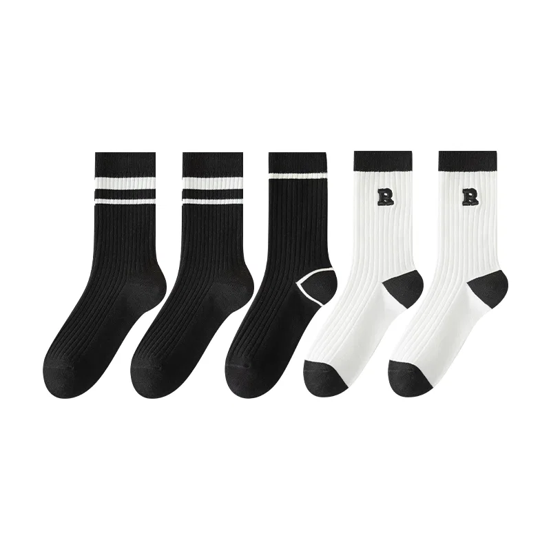 Детские носки-гольфы 5 пар MINISO, White R Letter, Black Double Stripe, Black Unlined Stripe