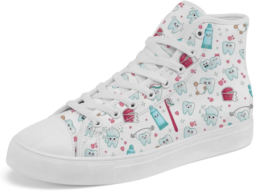 

Высокие кеды на полотняной подошве с зубным принтом для женщин и мужчин, высокие кроссовки на шнуровке, повседневная обувь Chebing, белый/синий