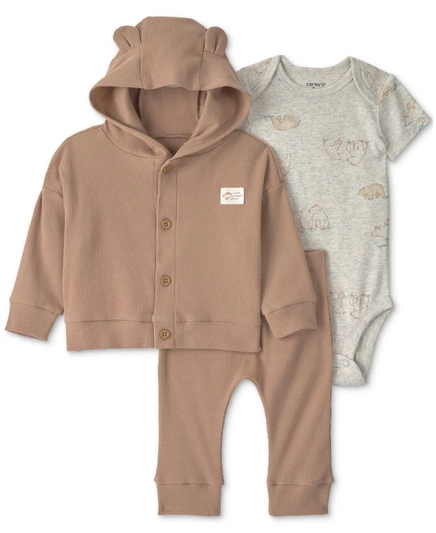 Комплект из боди, кардигана и брюк с ушками медведя 3-предметный Carter's, Brown/Gray