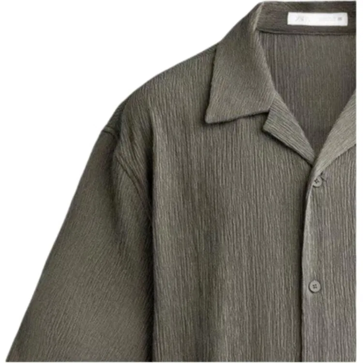 Мужская рубашка с кубинским воротником светло-хаки ZARA, Light Khaki — фото 4