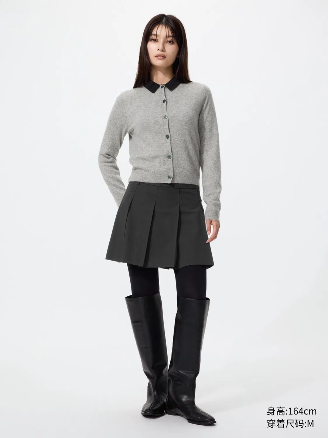Кардиган короткий с круглым вырезом из кашемира Uniqlo, черный — фото 2