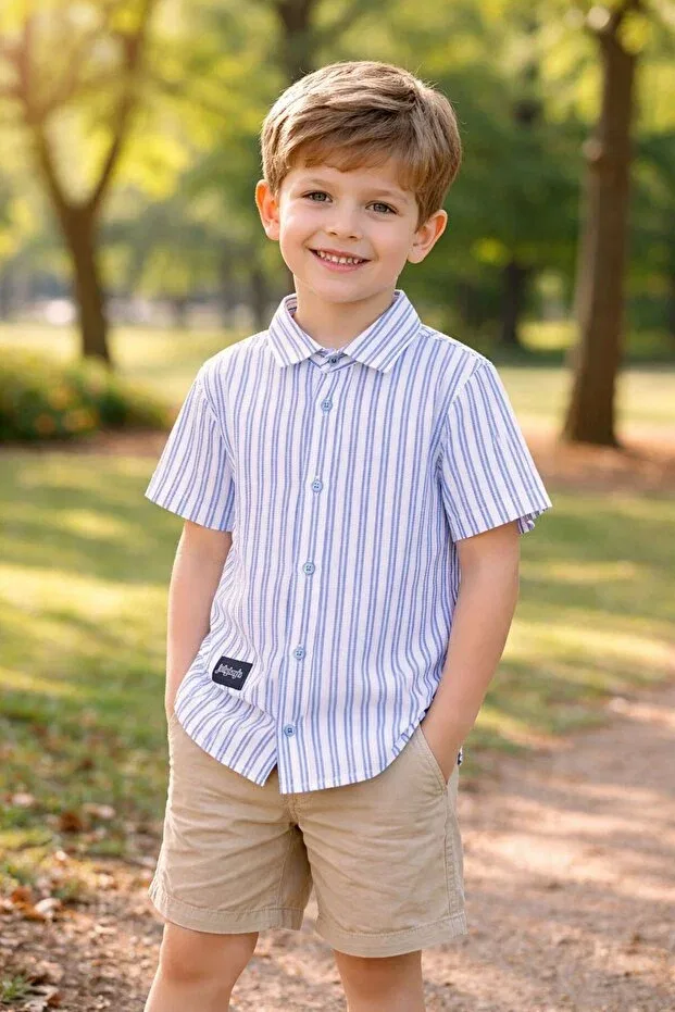 Детская рубашка для мальчиков с коротким рукавом в полоску Erdem Kids, Blue Stripes
