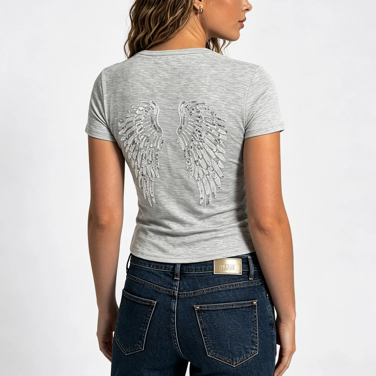 Женская футболка с принтом Angel Wings Print, облегающая, с коротким рукавом, Grey — фото 4