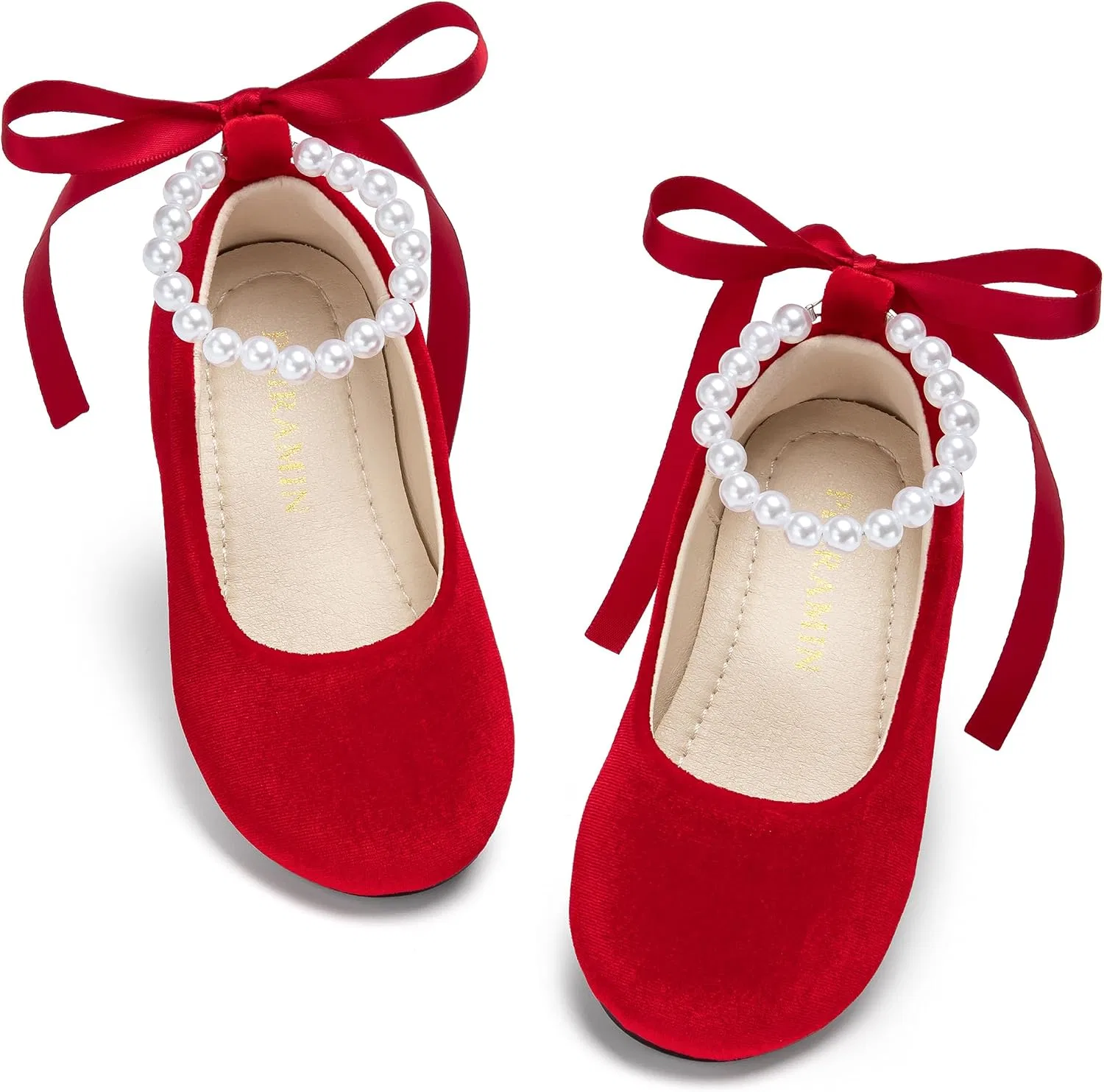 Детские туфли-балетки для девочек с жемчужным ремешком PHIRAMIN, Velvet Red Pearl Strap