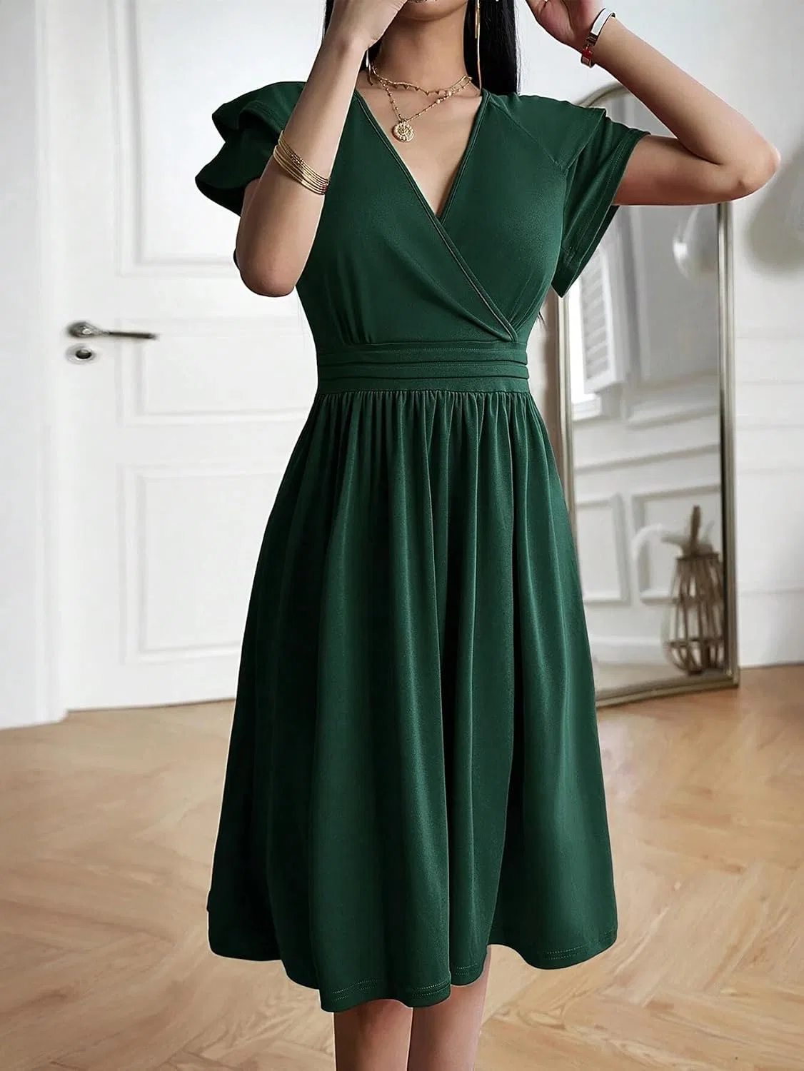 Женское элегантное платье с воланами и V-образным вырезом, Dark Green — фото 4