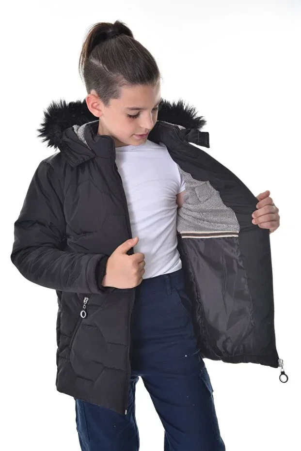 Детский пуховик с капюшоном и меховым воротником Öfi Kids, Black — фото 3