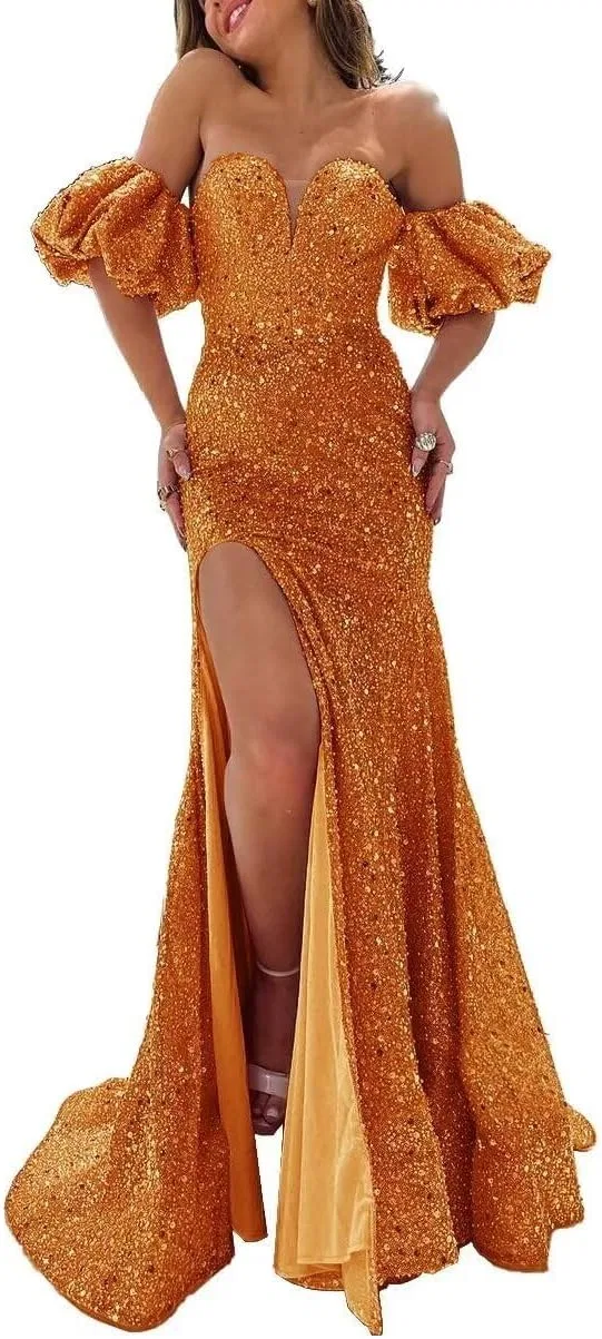 Женское вечернее платье с пайетками и шлейфом, Orange