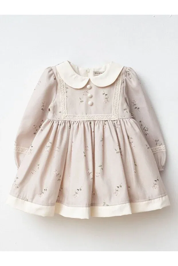 Детское платье для девочек с принтом Baby Collar Rose Patterned Design Cherrys Bebek, Beige — фото 2