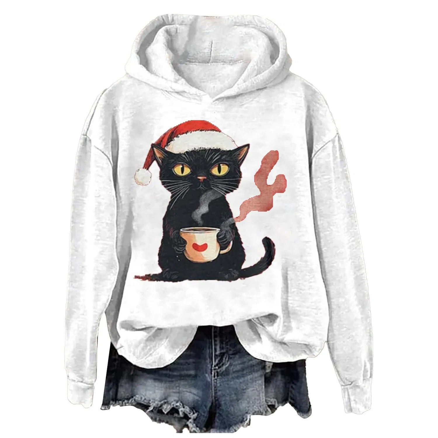 Женский свитшот с принтом Christmas Tree Funny Cat Say What Woman Pullover, Z21 White — фото 3