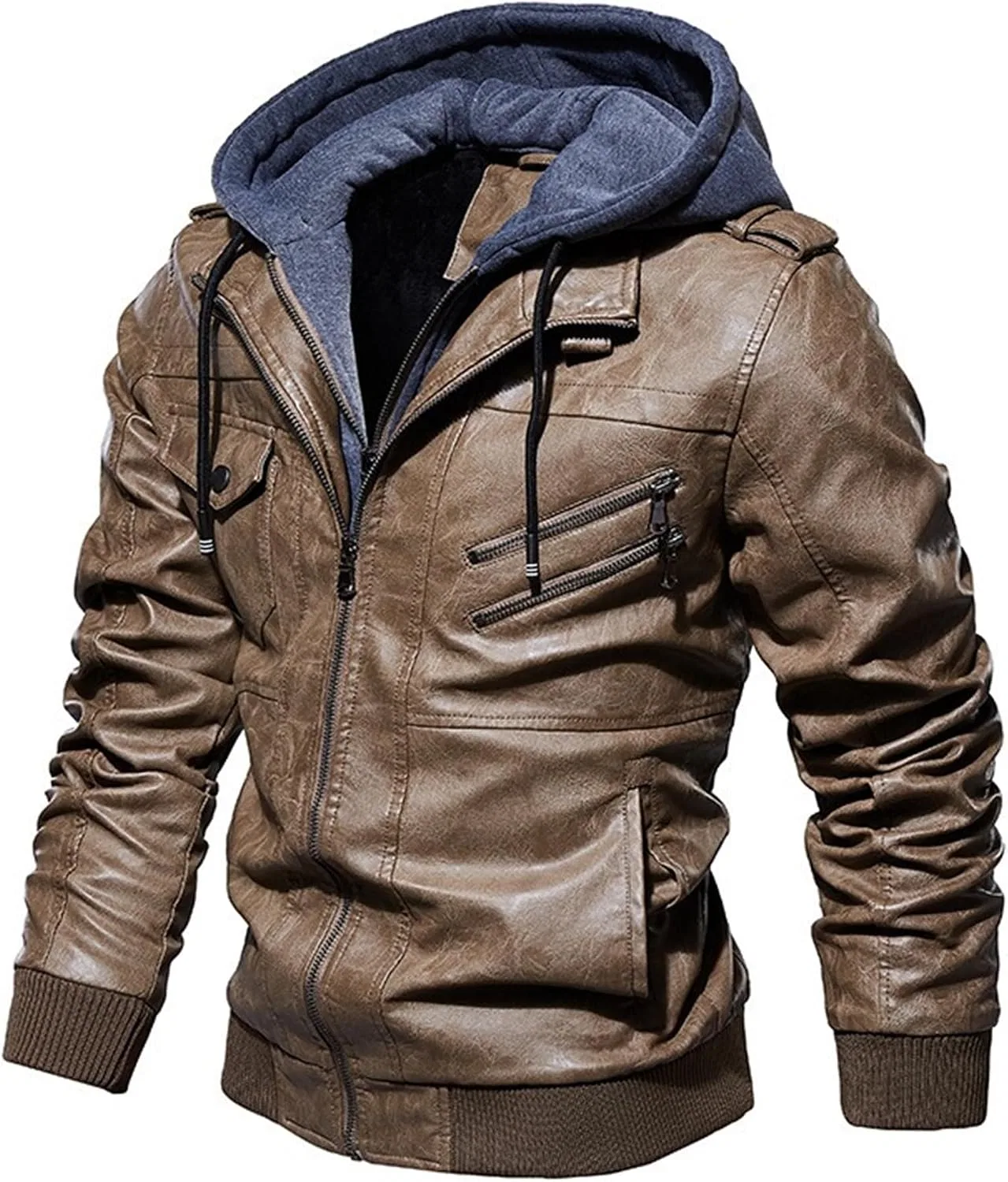 Мужская куртка-косуха из экокожи, модель Motorcycle Bomber, хаки — фото 2