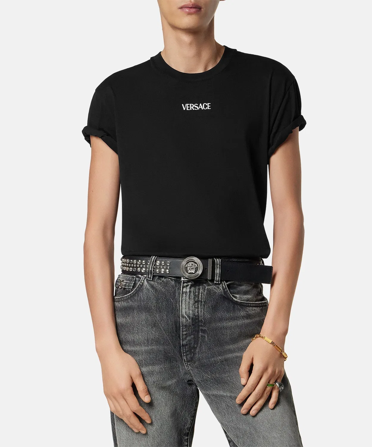Мужская футболка с вышивкой из хлопкового джерси Slim Fit VERSACE, Black