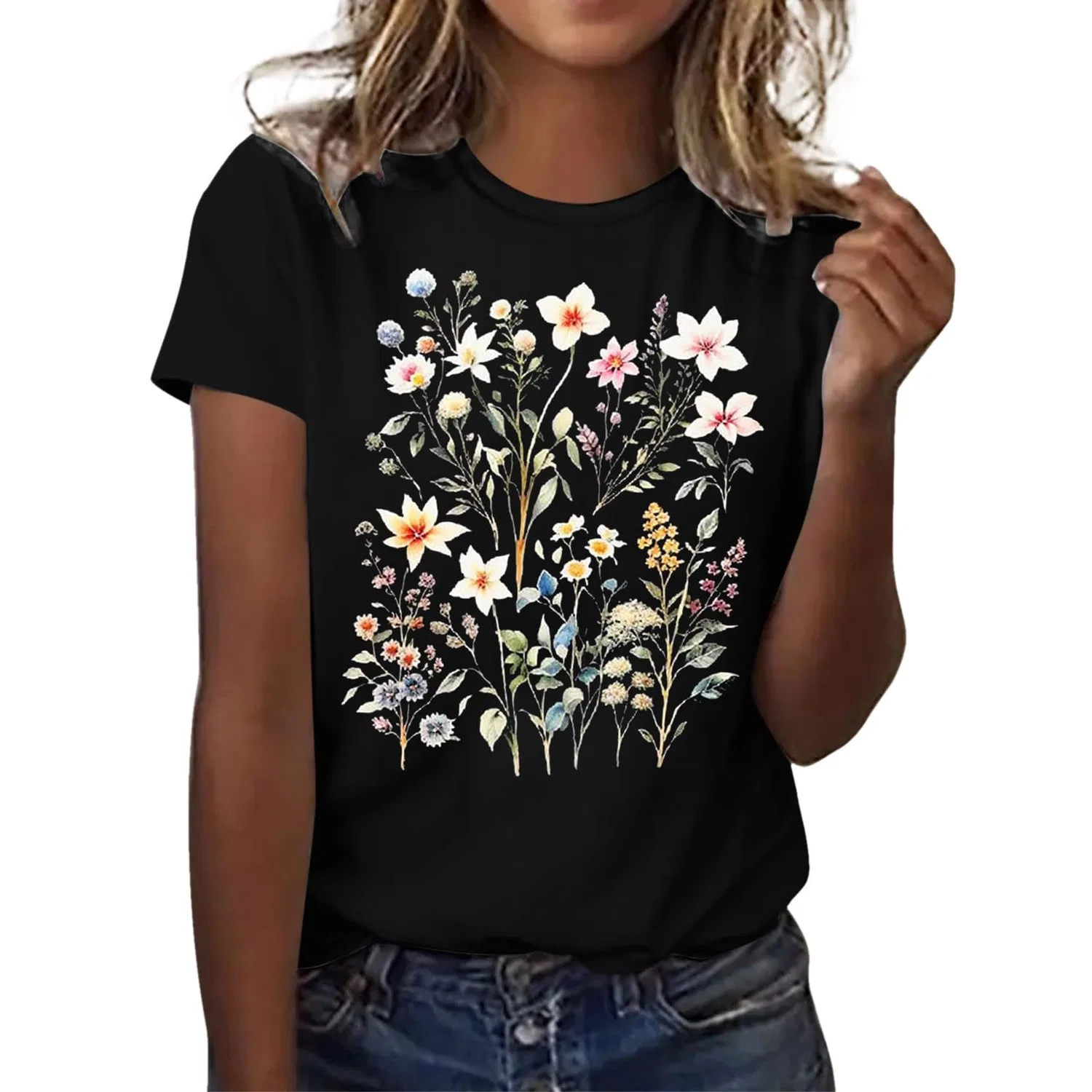 Женская футболка с принтом Girls Graphic Satin Blouses Loose Tops Plus Size Summer Sunflower Women's Basic Cotton Top, 2-black