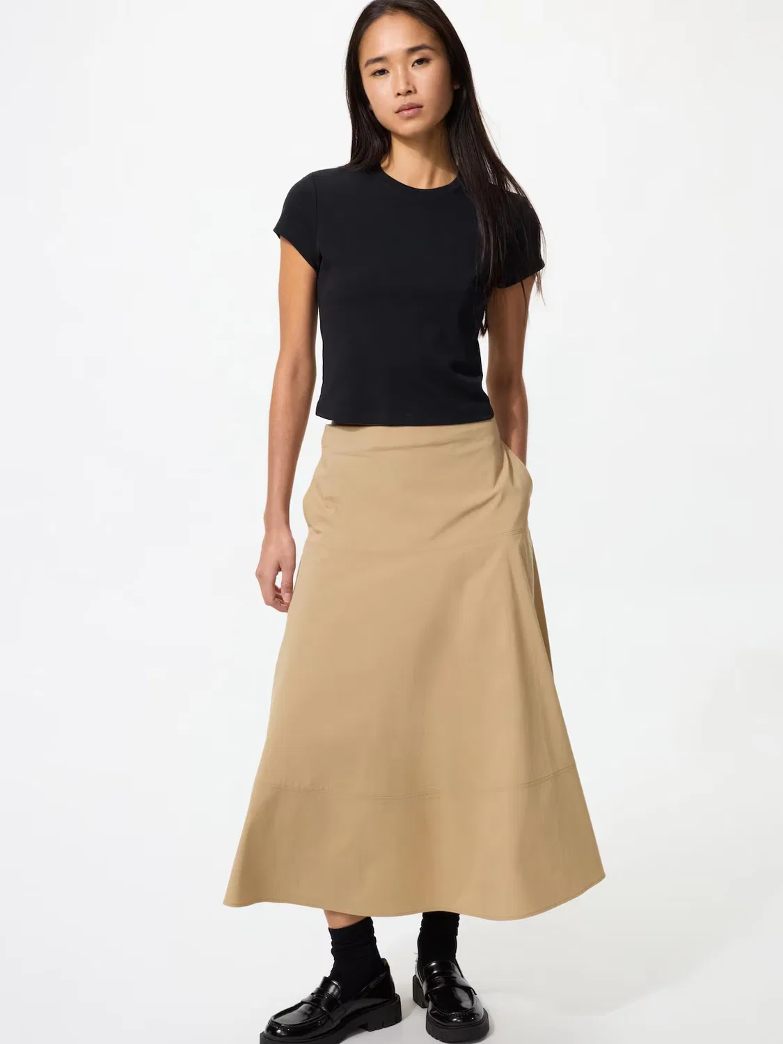 Юбка Uniqlo, круглая, из хлопка и нейлона, бежевый