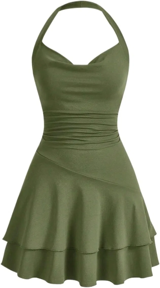 Женское кашемировое платье-комбинация с воланами, Army Green