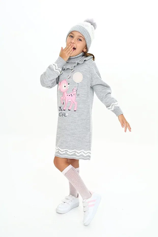 Детский комплект для девочек с принтом 3-Piece set with balloon gazelle patterned beret and scarf on the girl's dress tail Sevimli, Gri — фото 3