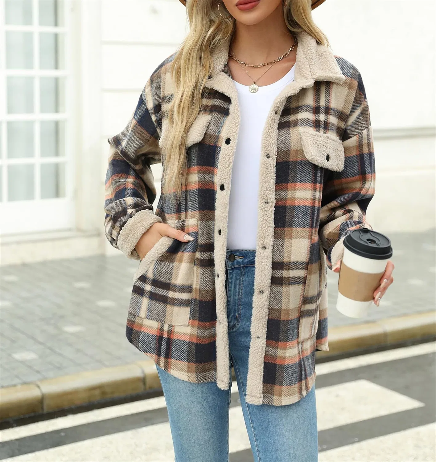 Женское пальто с принтом в клетку Oversized Long Sleeve Coat, Grigio-blu — фото 2