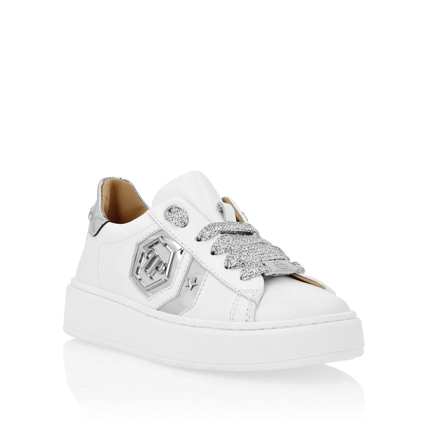 Детские кожаные кроссовки с шестиугольным логотипом PHILIPP PLEIN, White/Silver
