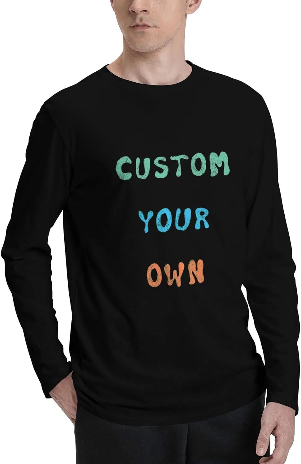 Мужская кастомная футболка с длинным рукавом Crew Neck Cotton, Black — фото 2